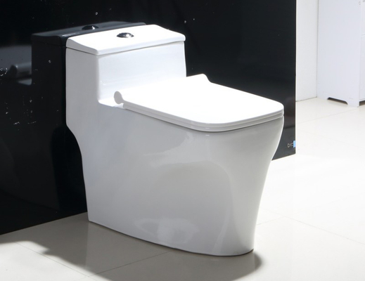 Inodoro sin reborde de doble descarga montado en el piso del baño de espalda a la pared