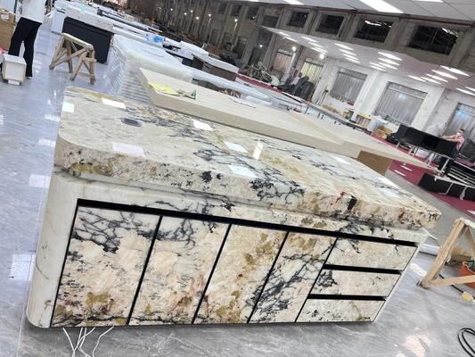 Mármol pulido beige y negro elegante y duradero, resistente al fuego, al desgaste y al deslizamiento, ecológico, para encimeras de mesa de bar y mesa de isla para proyectos y comedores